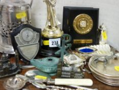 Small parcel of sporting trophies, plated preserve server, plated coasters and condiments etc