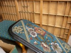 Tapestry footstool, printer's drawer and a beadwork footstool