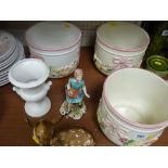 Three ribbon decorated pottery planters, an Italian figurine of a little girl, small vase and figure