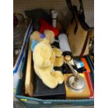 Box of mixed items including coffee grinder, soft toys etc