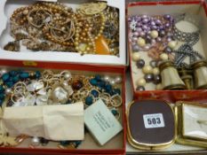 Quantity of costume jewellery, two travel alarm clocks and a German set of opera glasses