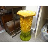 Staffs (probably Bretby) two tone floral decorated pedestal style stick/umbrella pot, 22 cms high
