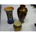 Coalport blue and gilt small vase, a Wilkinsons lustre and fruit trumpet vase and a Regal ware