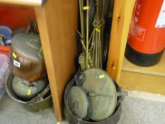 Two copper warming pans, a parcel of brass fire irons and stair rods, two Salters brass scales and a