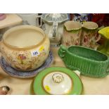 Parcel of jugs, pottery teapot and vegetable dish and a Crown Ducal jardiniere etc