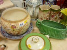Parcel of jugs, pottery teapot and vegetable dish and a Crown Ducal jardiniere etc