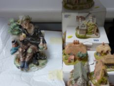 Five boxed Lilliput Lane cottages and a Capodimonte style figurine of an old man on a bench