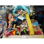 Box of vintage toys including dolls, boxed Airfix battleship of HMS Tiger, other toys and a