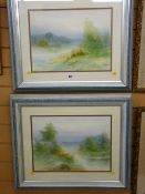 SIRI two modern framed watercolour studies - riversides with trees set before a misty landscape