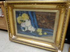 Late nineteenth century English school oil on canvas - still life of chrysanthemums in a blue &