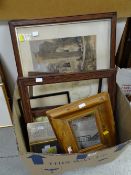 Box of framed prints, watercolours, picture frames