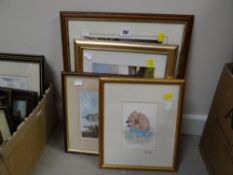 Small parcel of framed prints & a watercolour