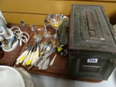 Small quantity of flatware & EPNS together with a vintage metal WWII ammunition box