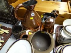 A copper gallon jug together with a copper half gallon jug & other metalware