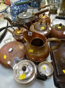 Sundry copper kettles, a copper hot water bottle, two-piece EPNS tea service & a pair of bulls