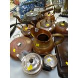 Sundry copper kettles, a copper hot water bottle, two-piece EPNS tea service & a pair of bulls