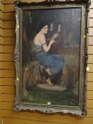 Framed oil on canvas of a musical instrument playing classical lady & a framed oil on board of boats