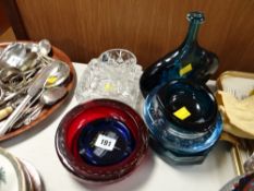 A collection of art glass including an unusual blue bottle neck vase