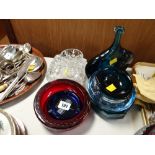 A collection of art glass including an unusual blue bottle neck vase