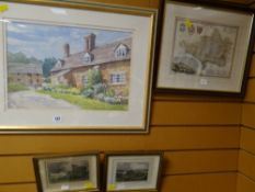 Framed watercolour by JOAN WADDELL of country cottage & farm buildings together with a framed