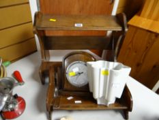 A vintage Shelley ceramic jelly mould, small oak mantel barometer, small oak bookshelves