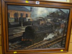 Framed oil on canvas of a steam locomotive in Swansea, Victoria Station by FLYNN