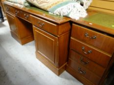 A reproduction pedestal computer desk with tooled leather top & matching filing cabinet