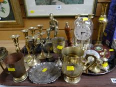 A parcel of metalware ornaments & a reproduction clock etc