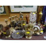 A parcel of metalware ornaments & a reproduction clock etc