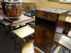 A wicker square topped bathroom table & a polished night cabinet