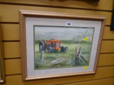 A framed watercolour of a sheep dog & tractor in the landscape by G GRIFFITHS