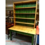 A pine open bookcase & a painted pine kitchen table