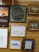 A parcel of various framed pictures including an espresso carved panel, various watercolours etc