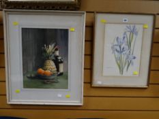 Framed watercolour - still life of fruit & objects on a table together with a botanical study