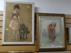 Framed print AFTER PICASSO & a framed watercolour of a lady gathering tinder in a fancy antique gilt