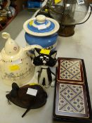 A T G Green Cornishware sugar container, a novelty teapot, a leather mouse, a set of Laura Ashley