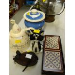 A T G Green Cornishware sugar container, a novelty teapot, a leather mouse, a set of Laura Ashley