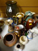 Three coffee pots, one being Denby, large art glass vase etc