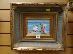 Framed oil on board by HAMILTON - beach scene with children playing on the shore