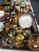 A parcel of metalware, wooden framed barometer etc