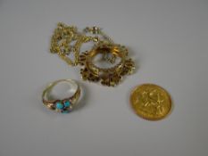 A 1907 gold half sovereign on a 9ct gold filigree mount & chain together with a turquoise & pearl