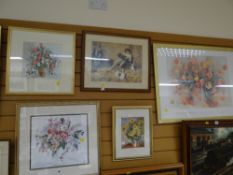 A framed watercolour of still life & a framed similar print with framed sundry prints