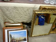 Gilt framed bevelled wall mirror, similarly portrait of a dog and other framed prints and pictures