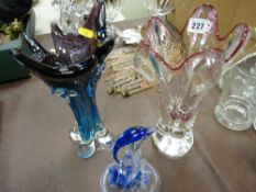 Two art glass vases and a glass dolphin