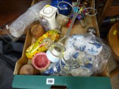 Box of mixed china, pottery, glassware, Russian doll etc