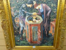 Modern gilt framed Aesthetic Movement print of a couple in an orchard setting