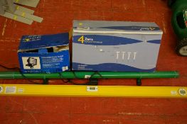 Greenhouse heater, two boxed outdoor lights and a metal spirit level E/T