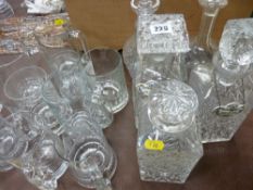 Collection of glass decanters, four Coalport decanter labels and a parcel of glass tankards