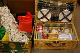 Wicker picnic basket with contents, string hammock, beadwork purse etc