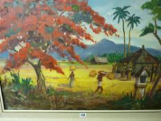 Indistinctly signed framed oil on canvas - native crop gatherers